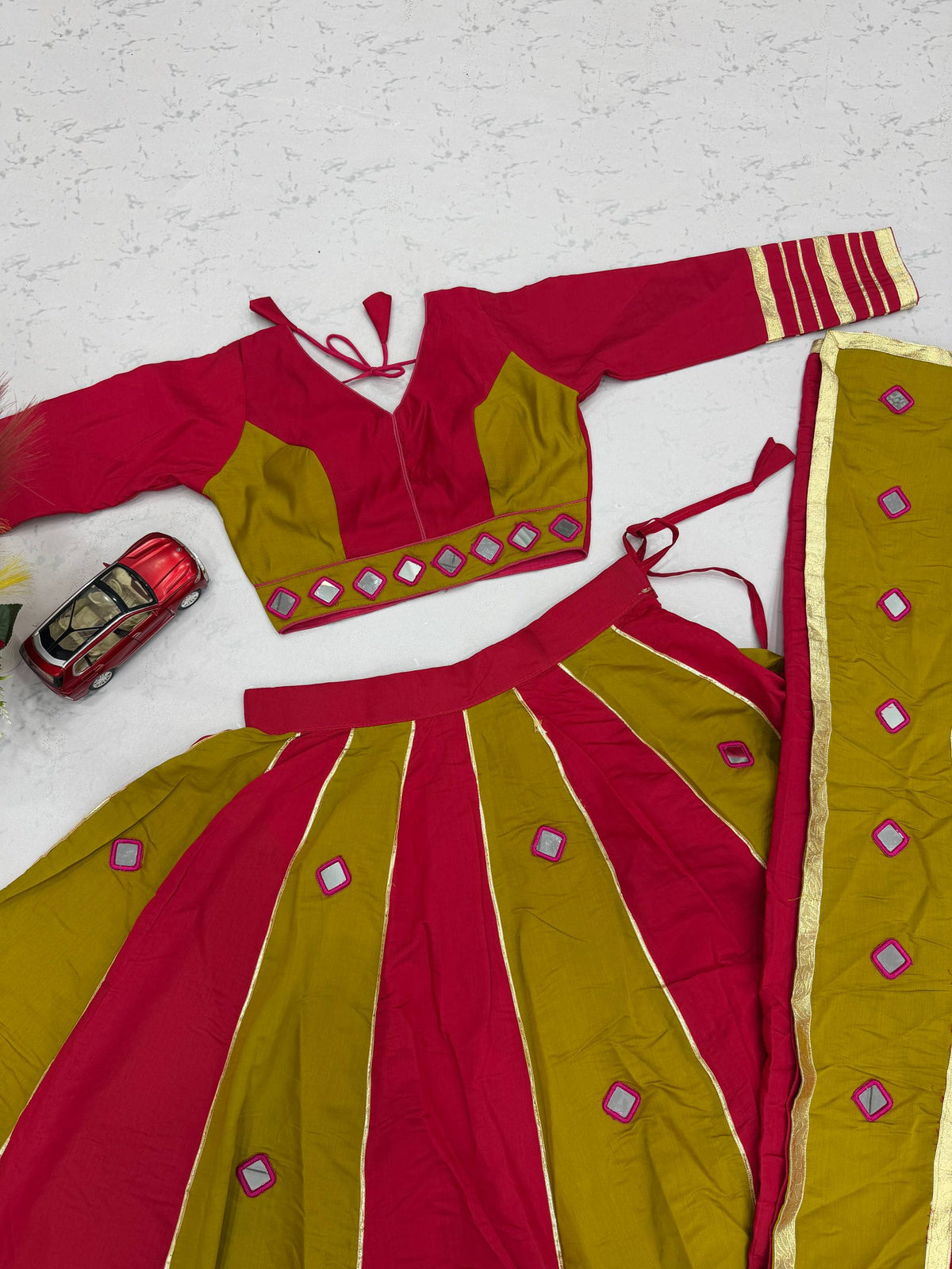 Pink & Green Big Flair Mirror Work Navratri Lehenga Choli