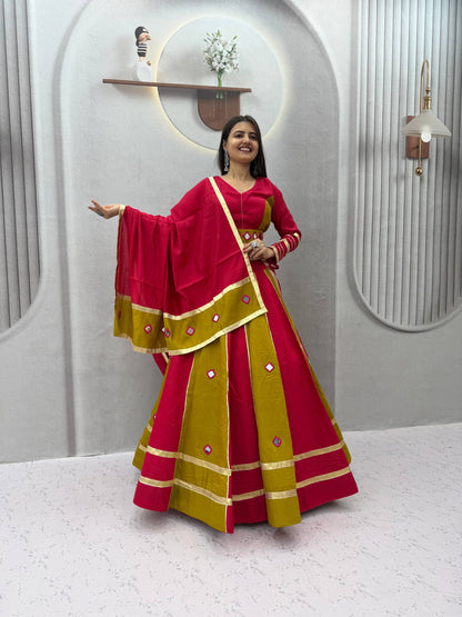Pink & Green Big Flair Mirror Work Navratri Lehenga Choli