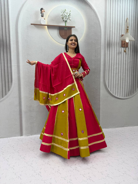 Pink & Green Big Flair Mirror Work Navratri Lehenga Choli