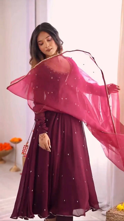 Rani Pink Heavy Fox Georgette Embroidered Ready to Wear Gown With Dupatta