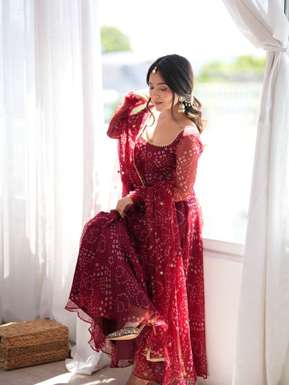 Red Faux Georgette Digital Print Gown With Embroidered Dupatta Set
