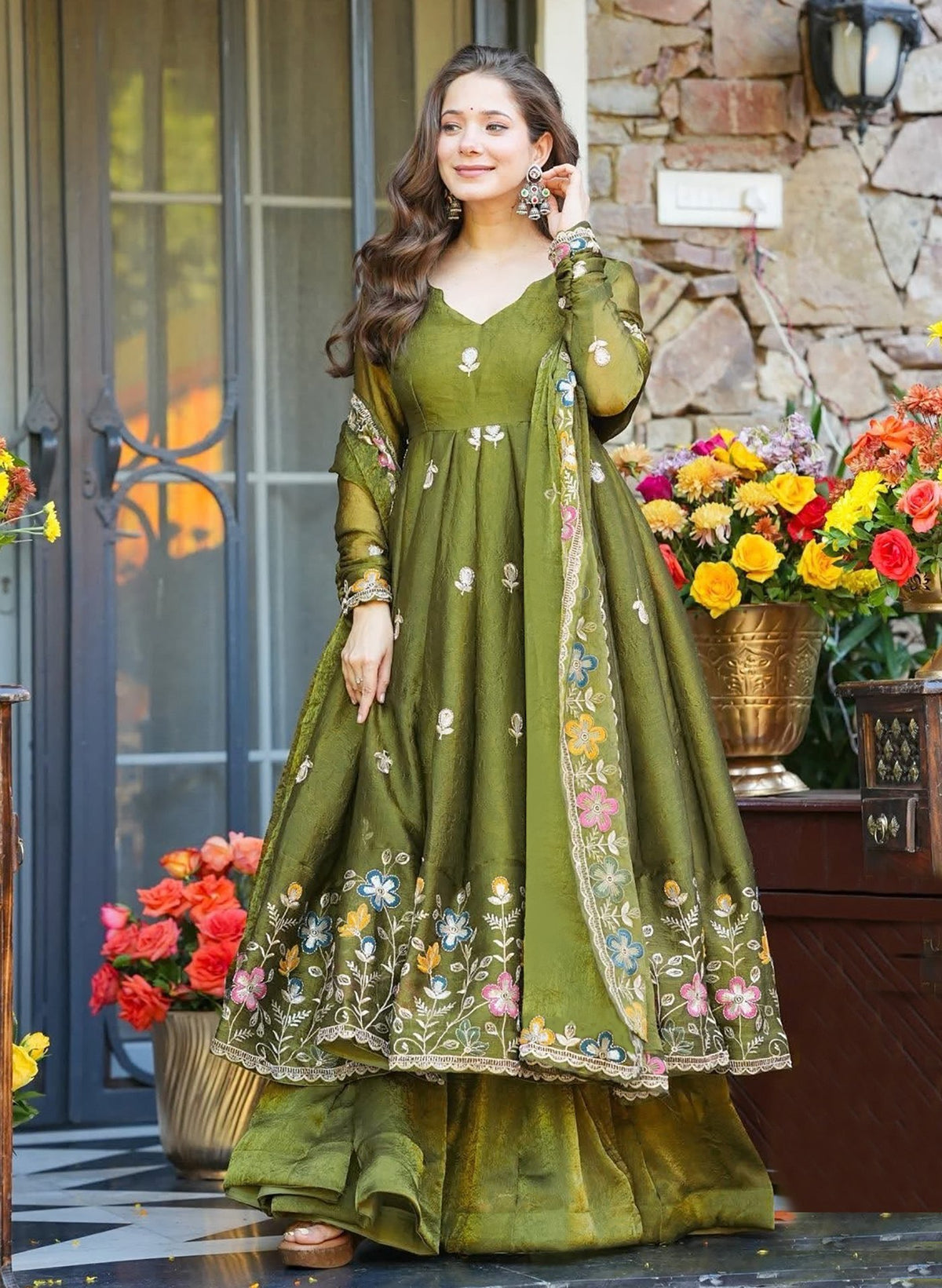 Mehndi Avani Heavy Crunchy Silk Designer Anarkali Suit