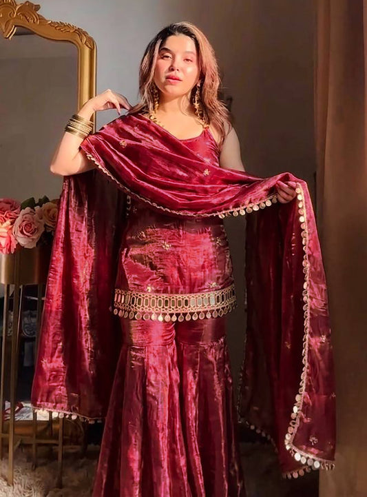 Maroon Reshma Premium Fendy Silk Mirror Work Plazo Suit Set