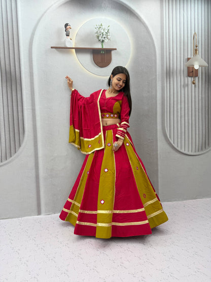 Pink & Green Big Flair Mirror Work Navratri Lehenga Choli