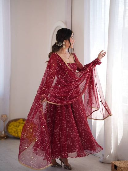 Red Faux Georgette Digital Print Gown With Embroidered Dupatta Set