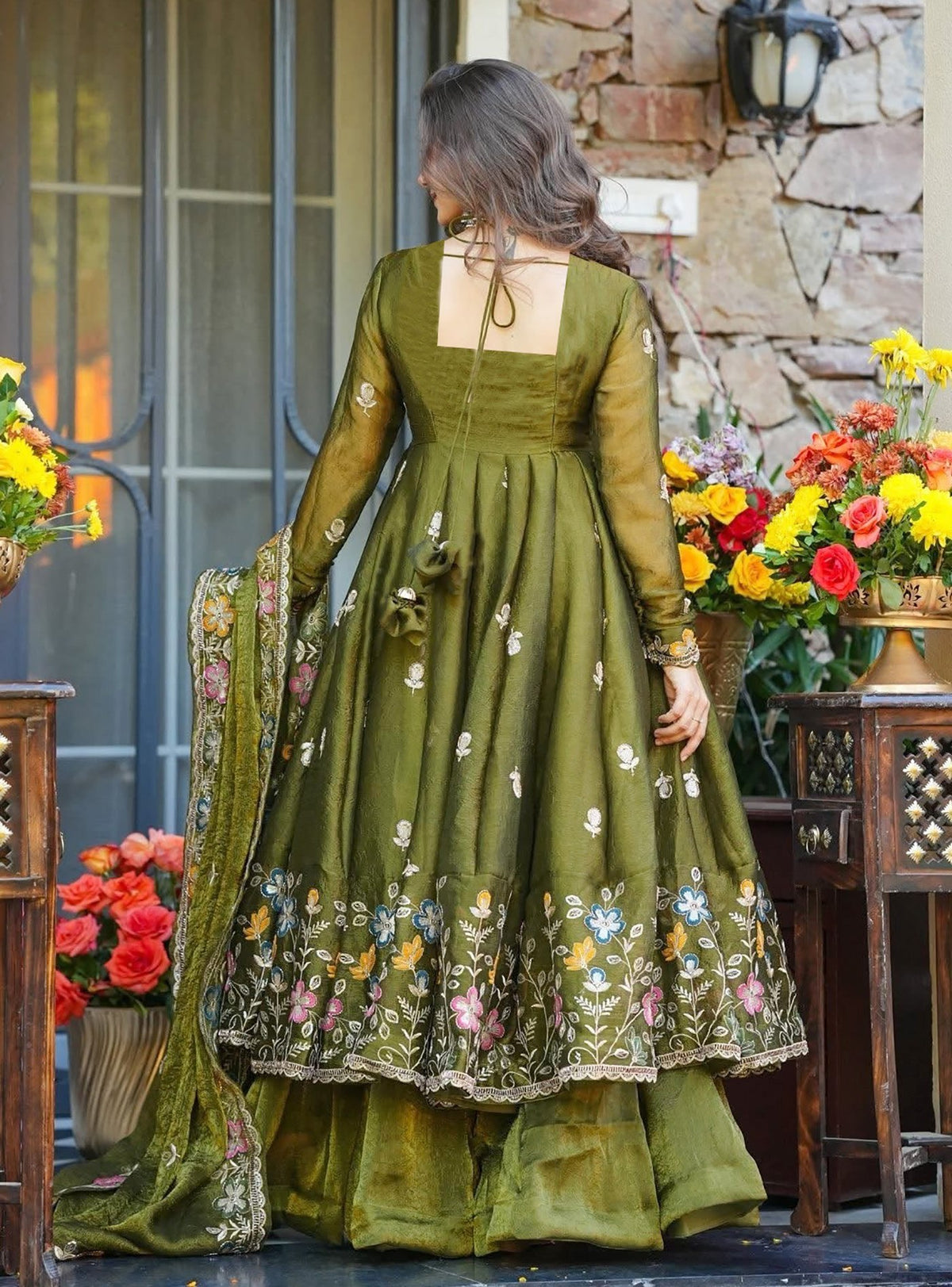 Mehndi Avani Heavy Crunchy Silk Designer Anarkali Suit