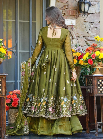 Mehndi Avani Heavy Crunchy Silk Designer Anarkali Suit