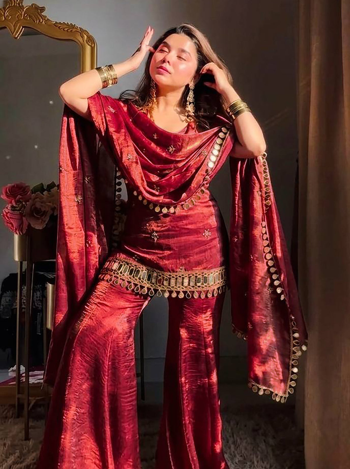 Maroon Reshma Premium Fendy Silk Mirror Work Plazo Suit Set
