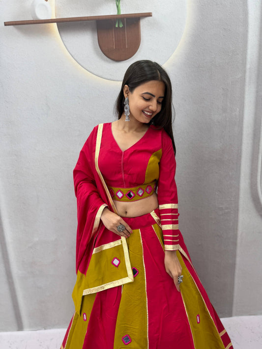 Pink & Green Big Flair Mirror Work Navratri Lehenga Choli
