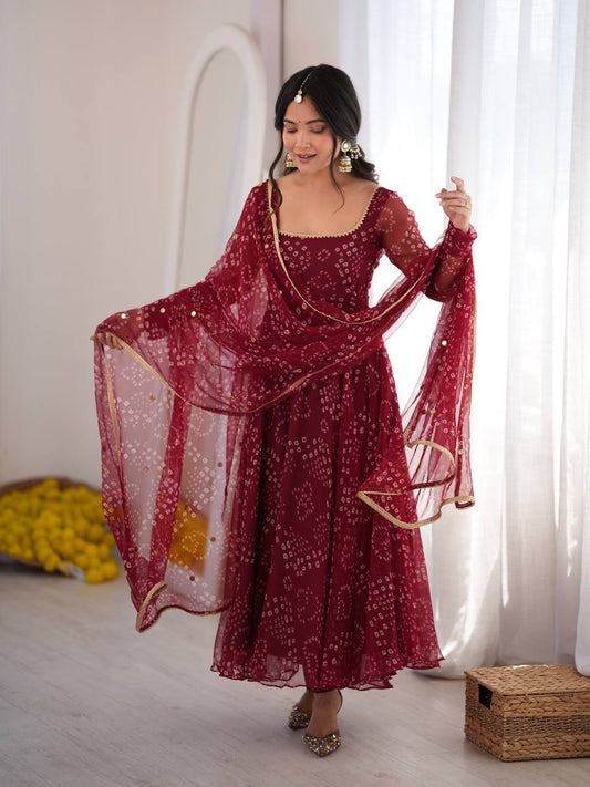 Red Faux Georgette Digital Print Gown With Embroidered Dupatta Set