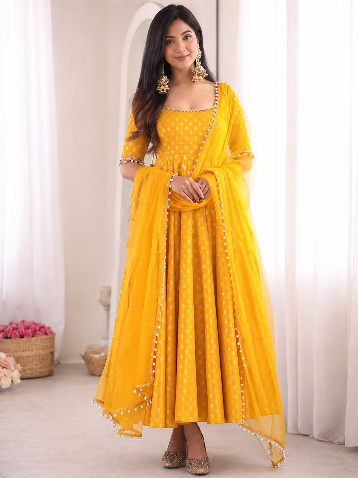 Yellow Chanderi Jacquard Mirror Work Flared Gown Set