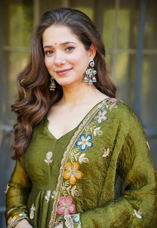 Mehndi Avani Heavy Crunchy Silk Designer Anarkali Suit