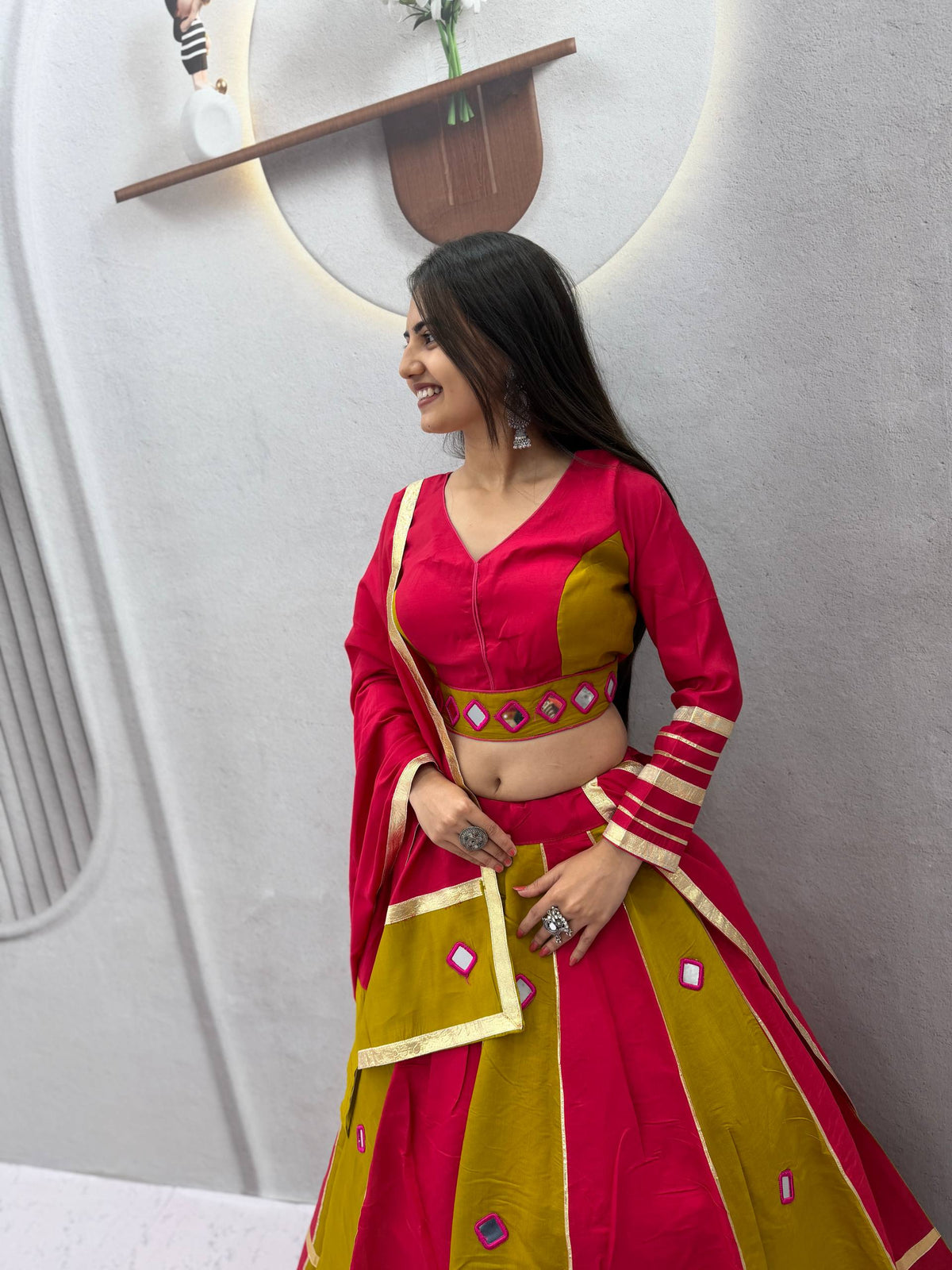 Pink & Green Big Flair Mirror Work Navratri Lehenga Choli