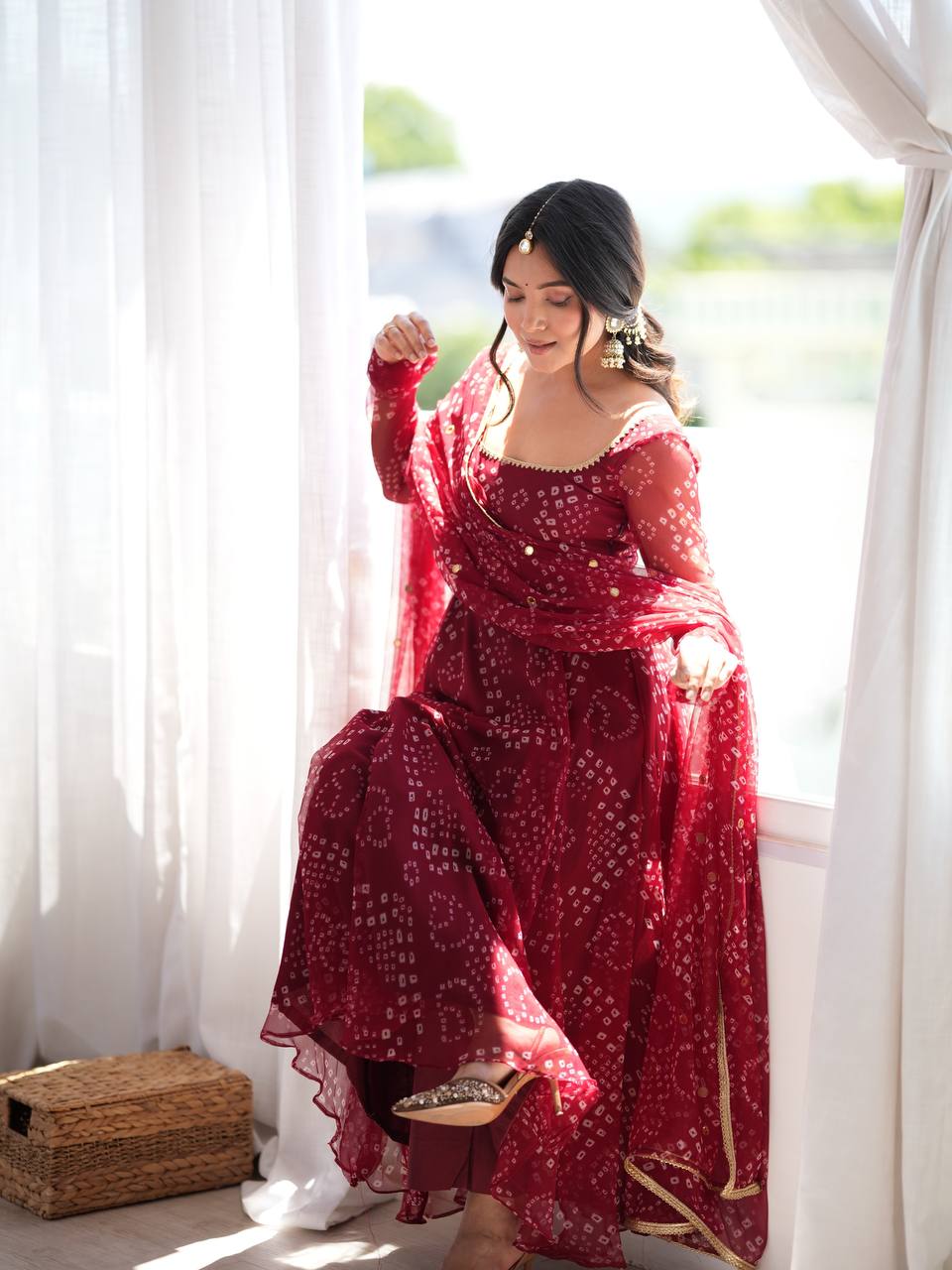 Red Faux Georgette Digital Print Gown With Embroidered Dupatta Set