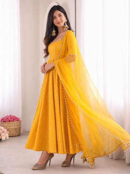 Yellow Chanderi Jacquard Mirror Work Flared Gown Set