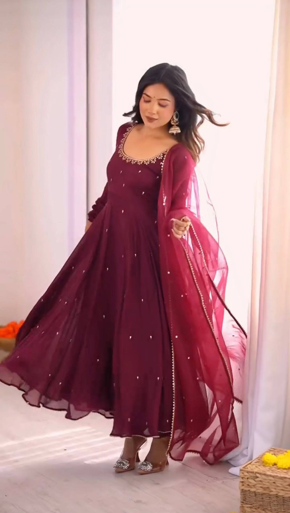 Rani Pink Heavy Fox Georgette Embroidered Ready to Wear Gown With Dupatta