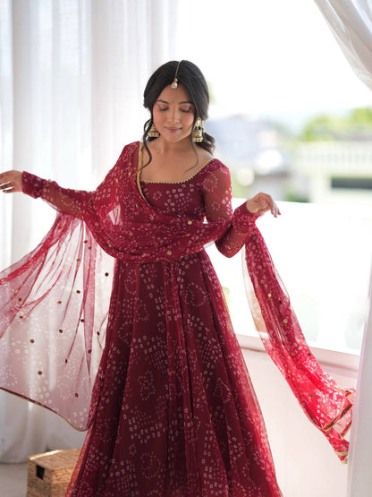Red Faux Georgette Digital Print Gown With Embroidered Dupatta Set