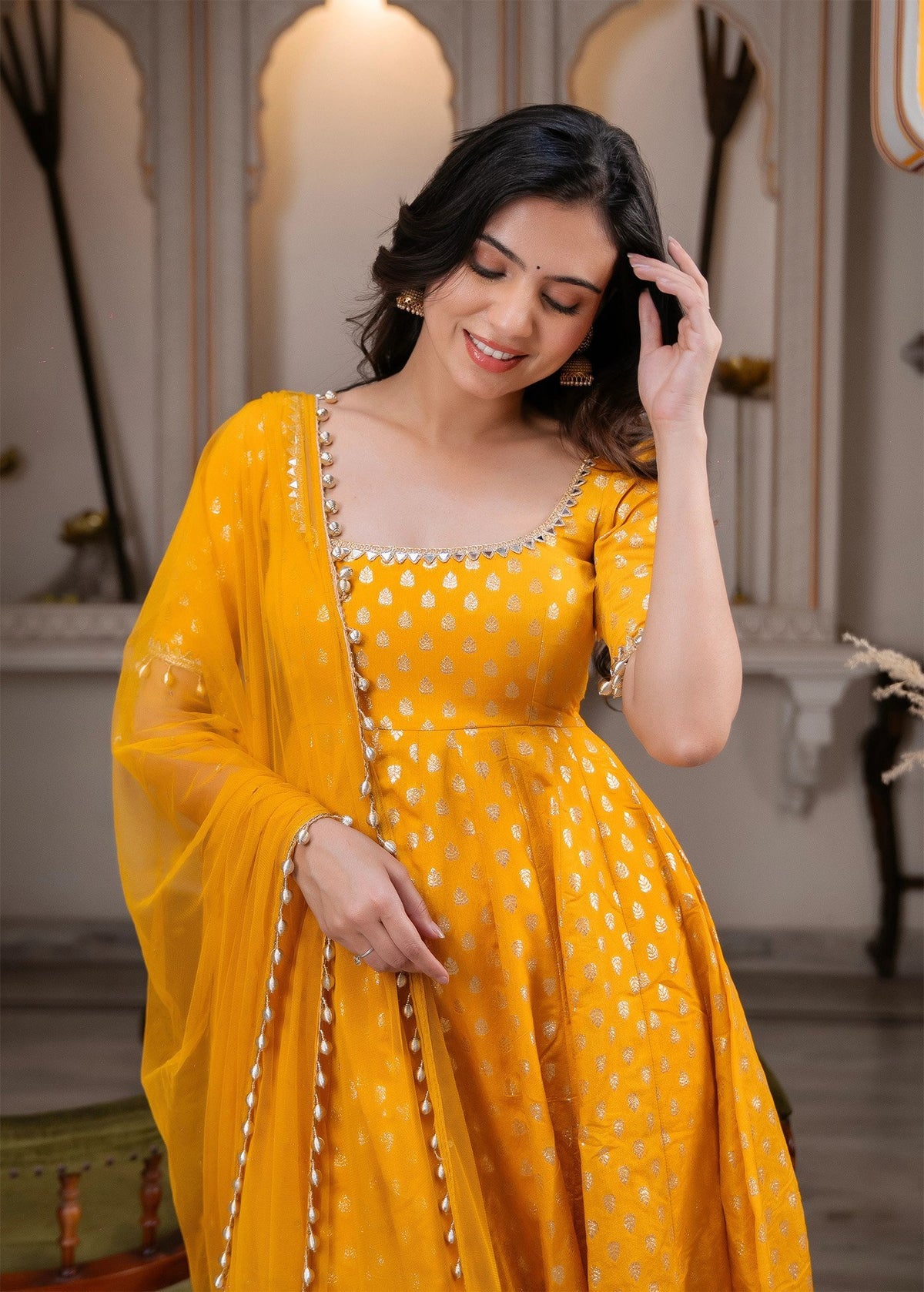 Yellow Chanderi Jacquard Mirror Work Flared Gown Set