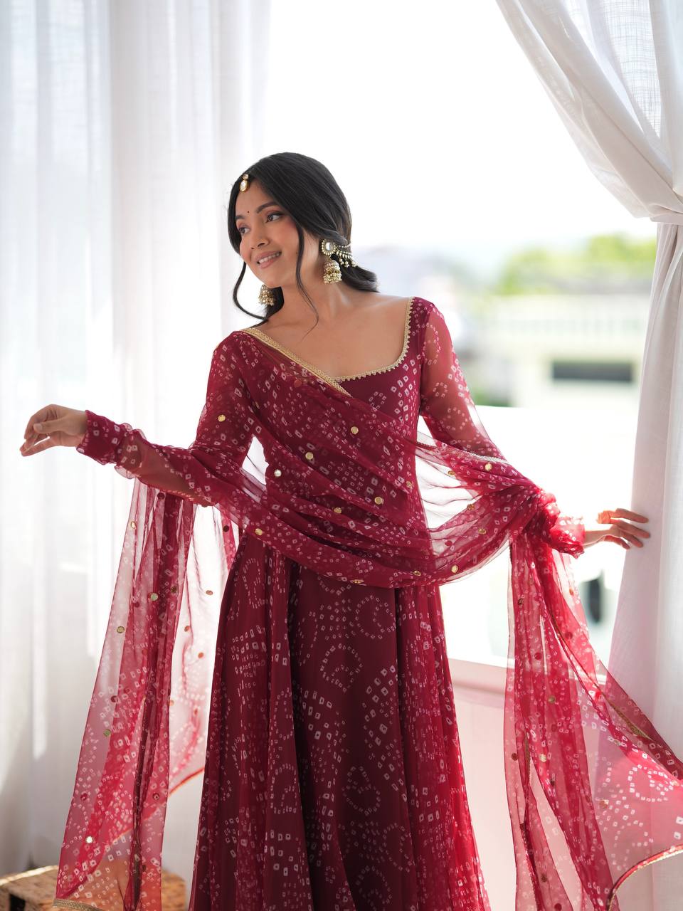 Red Faux Georgette Digital Print Gown With Embroidered Dupatta Set