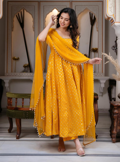 Yellow Chanderi Jacquard Mirror Work Flared Gown Set