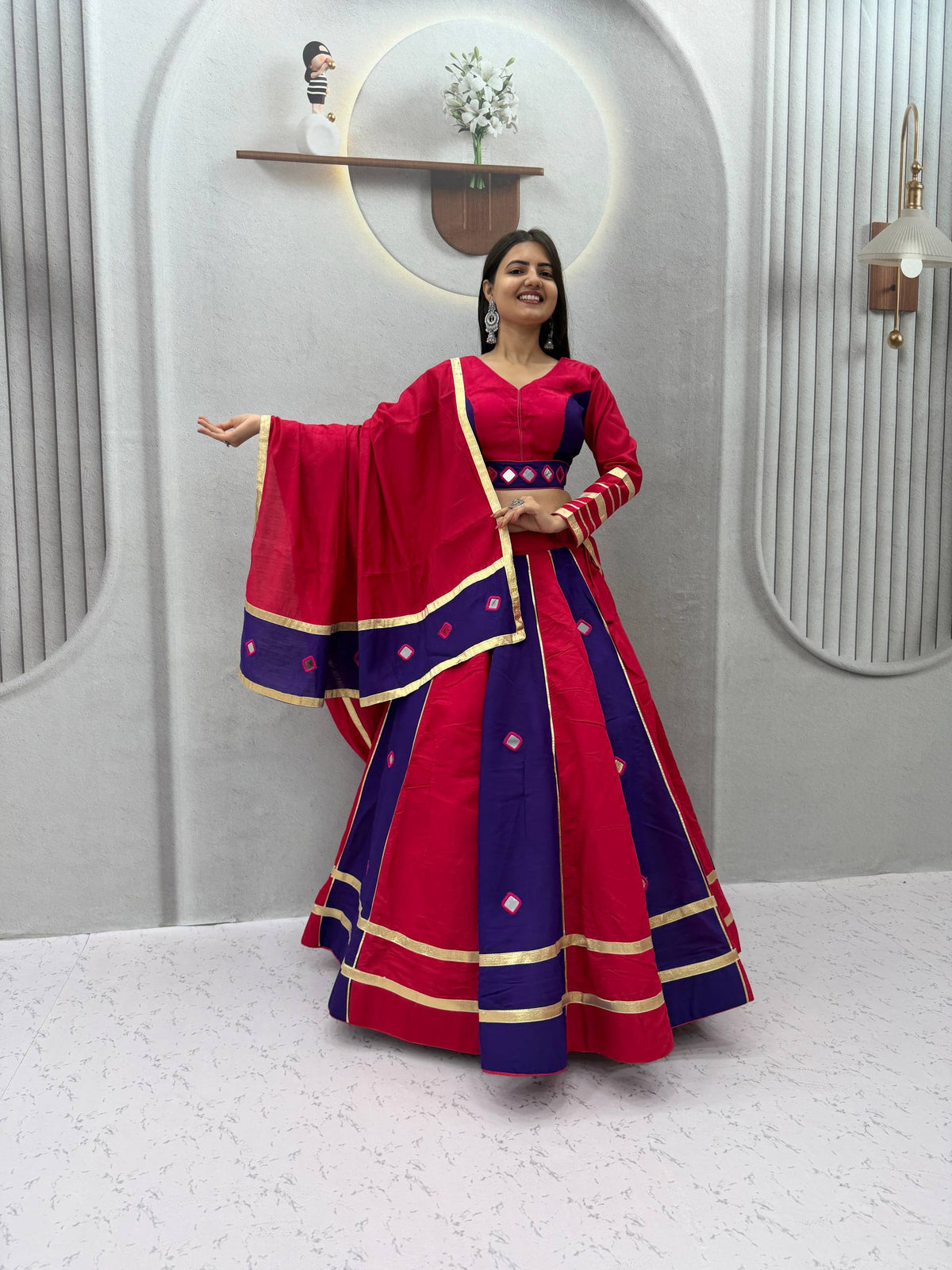 Pink & Blue Big Flair Mirror Work Navratri Lehenga Choli