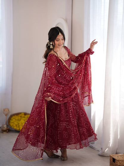 Red Faux Georgette Digital Print Gown With Embroidered Dupatta Set