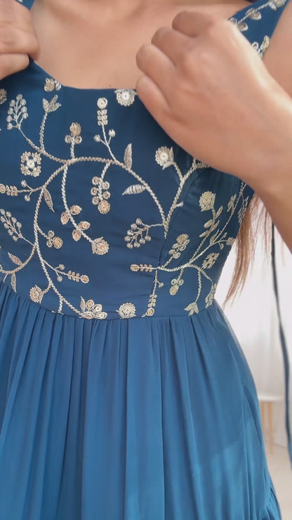 Teal Blue Fox Georgette Fully Flared Anarkali Gown Set