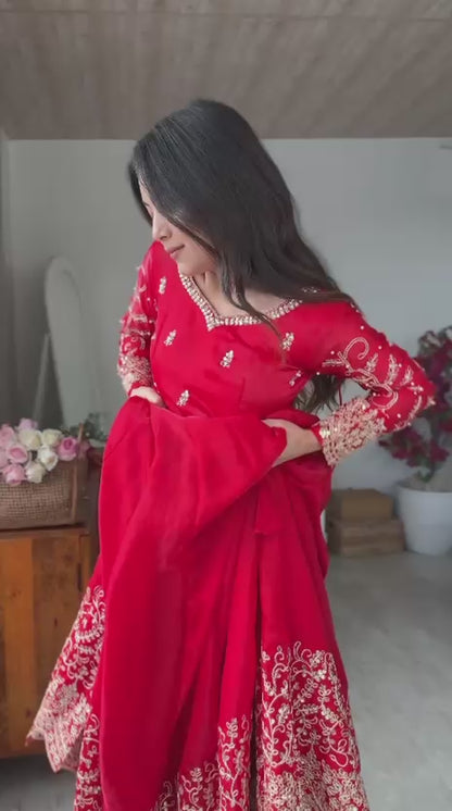 Embroidery Codding And Sequence Work - Red