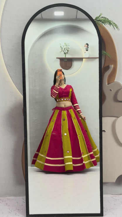 Pink & Green Big Flair Mirror Work Navratri Lehenga Choli