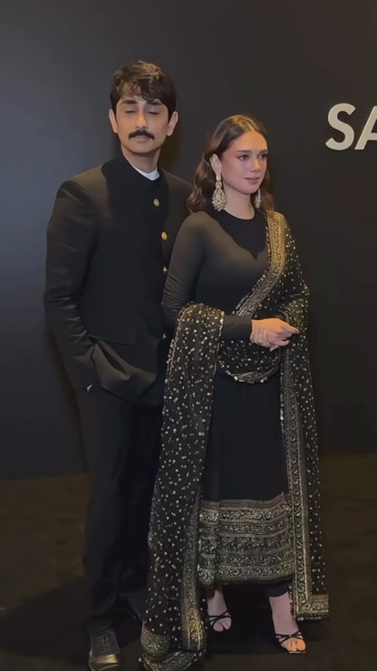 Black Aditi Rao Inspired Georgette Base Embroidered Anarkali Suit Set