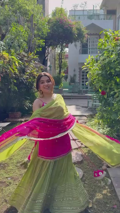 Pink & Green Embroidered Lehenga Set with Lace Work