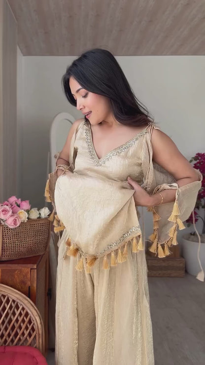 Beige Mirror Work Suit – Cold Shoulder Bell Sleeves, Palazzo & Dupatta