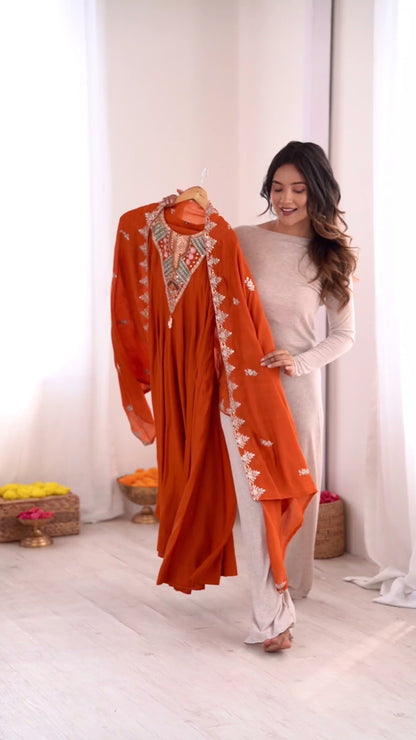 Orange Lucknowi Georgette Sequence Work Anarkali Suit Set